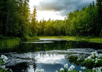 Fototapeta premium Serene Forest Pond: Tranquil Sunset Reflection