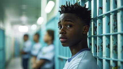 A juvenile detention center with guards and young inmates behind bars