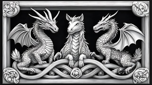 Ornate, stylized dragons and a mythical creature.