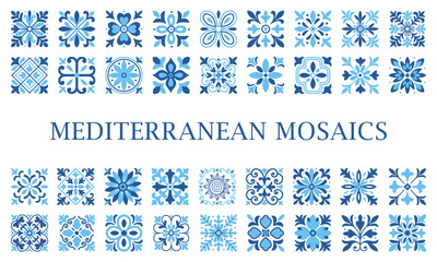 Set of decorative blue mediterranean mosaic tiles with floral and geometric patterns on white background