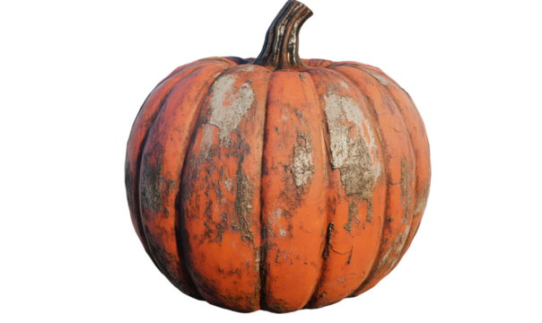Aged, weathered pumpkin.  Its exterior shows signs of time and exposure