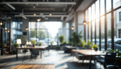 Blur background of office interior with large windows with city urban view, plants, and wooden desks at sunset. Modern workplace and urban greenery concept. Design for poster, wallpaper. Spate.