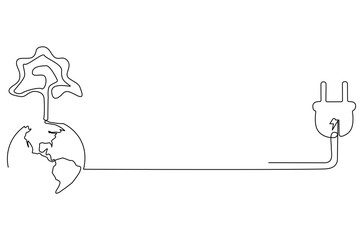 Continuous one line drawing of Earth with electric plug in. Single line drawing illustration of Plug in with earth. Go green energy concept vector art. Doodle line illustration.