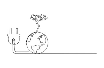Continuous one line drawing of Earth with electric plug in. Single line drawing illustration of Plug in with earth. Go green energy concept vector art. Doodle line illustration.