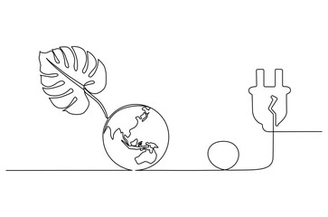 Continuous one line drawing of Earth with electric plug in. Single line drawing illustration of Plug in with earth. Go green energy concept vector art. Doodle line illustration.
