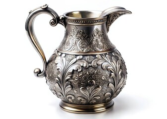 Panoramic Antique Silver Pitcher, White Background, High Detail