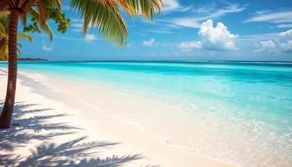 Sun-drenched white sand beach meets turquoise tropical sea, bright, shore