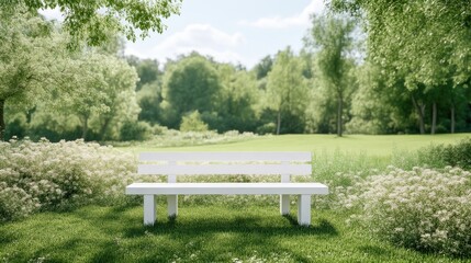 White park bench in a lush green park setting