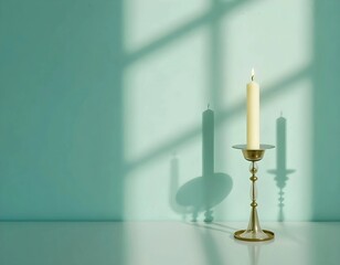 glass candle holder with lit candle against turquoise wall and soft sunlight shadow