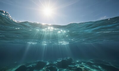 Azure ocean's surface, sun rays illuminate underwater scene, gentle waves ripple , sea, calm