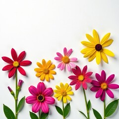 Colorful flowers arrangement on white background, floral art, petals, decoration