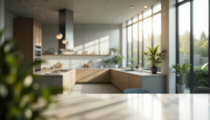 Empty beautiful wood table top counter and blur bokeh modern kitchen interior background in clean and bright, Banner, Ready for product montage. Kitchen room blurred background.