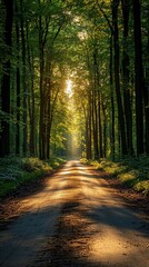 Fototapeta premium Sunlit forest path, trees, nature, tranquility, summer, idyllic, background, travel, wallpaper