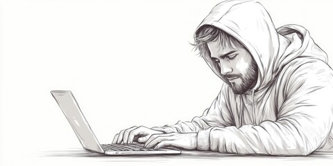 black and white sketch of a person in a hoodie typing on a laptop for cybersecurity blogs, technology news, and digital privacy themes