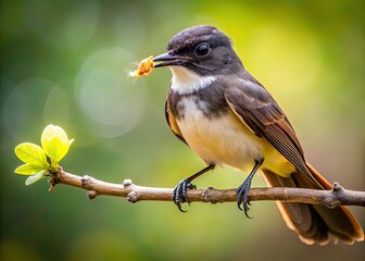 Obraz premium Pied Fantail Eating Insect on Branch - Conceptual Photography