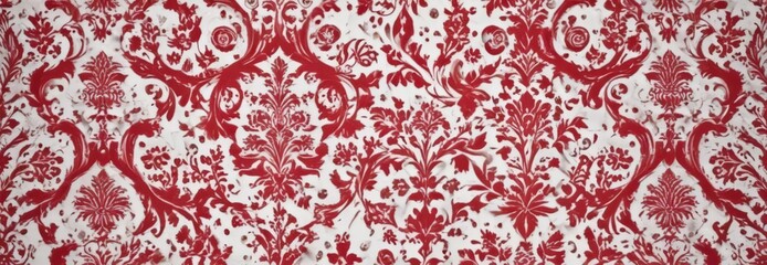 Crimson flock wallpaper, damask pattern on white  Retro vintage design , red, white, style