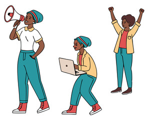 Empowered Black Woman Activist Illustration: Megaphone, Laptop, Raised Fists - Vector Art for Social Justice, Equality, and Women's Rights