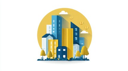 A vibrant city silhouetted against a bright yellow background representing philanthropic investments and foundations funding