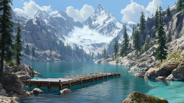 Picturesque alpine lake nestled amidst towering snowy peaks.