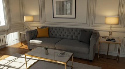 Elegant living room showcasing a tufted sofa and gold accents.