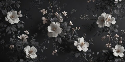 Dark charcoal floral wallpaper, delicate blossoms and vines, elegant design , repeat, subtle