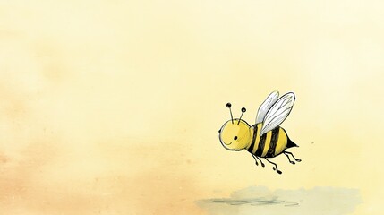 Cute bee in flight against a pale yellow background.