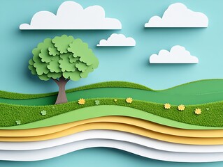 Fototapeta premium Delightful crafted scene of a single tree, grassy hills and layered earth