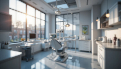 bright and spacious dental clinic with a clean, modern design, softly blurred to create a professional and inviting atmosphere. The perfect background for a cutting-edge dental office.