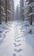 Deep bear tracks in untouched snow, snowy forest scene,  white,  tracks