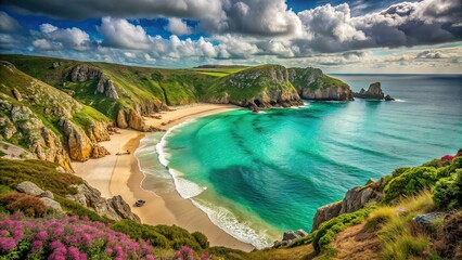 Obraz premium Porthcurno Cornwall Cliffs - High Depth of Field AI Photo