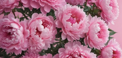 Fototapeta premium Dense cluster of pink peonies, soft pink backdrop, fresh, spring, celebration