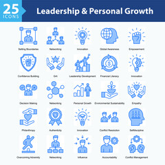 Leadership & Personal Growth is a collection of icons in sheet format illustrating self-development, leadership, decision-making, and global and social awareness throughout personal growth journeys.
