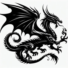 Black Silhouette Vector of a Dragon in Mythical Pose on White Background