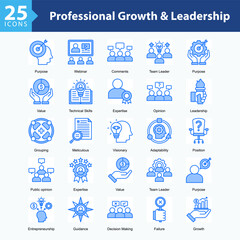Fototapeta premium Professional Growth & Leadership is a collection of icons in sheet format showcasing professional development, leadership skills, technical expertise, and visionary direction in modern work environmen