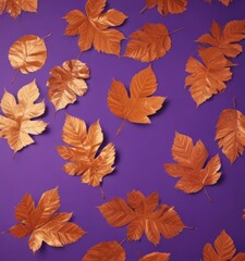 Obraz premium Dry orange metallic leaves, violet backdrop Geometric leaf pattern, autumnal vibe , orange, fall
