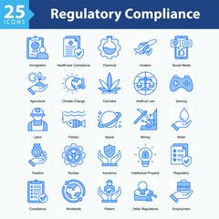 Regulatory Compliance is a collection of icons in sheet format illustrating international regulations, industry compliance, and oversight across sectors like health, energy, and technology.