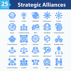 Strategic Alliances is a collection of icons in sheet format representing business growth through innovation, collaboration, risk analysis, and strategic decision-making in modern markets.