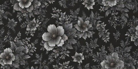 Elegant charcoal floral textile, tiny blooms repeat seamlessly, home decor, minimal