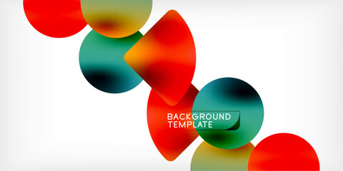 Abstract colorful shapes overlap, creating dynamic composition. Gradient fills provide depth, modern aesthetic. Background template suitable for various designs, presentations.
