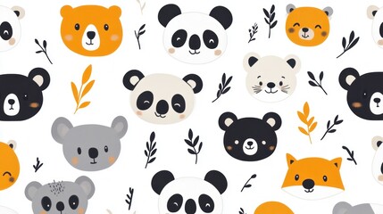 Cute animal faces pattern with leaves