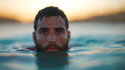 Close Up Portrait Of A Man In The Ocean At Sunset