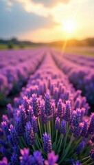 Obraz premium Purple lavender field, summer sun, vibrant blooms, provance, outdoor, light