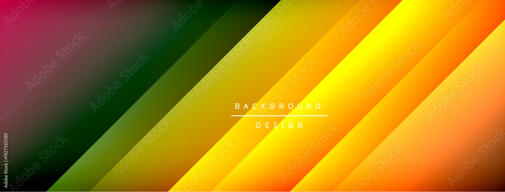 Poster Abstract background features diagonal stripes. Colors transition from deep red through green, yellow, orange creating vibrant gradient effect. Modern design element.