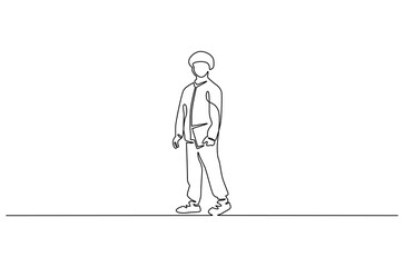 Continuous one line drawing of Boy Holding book. Single line drawing illustration of Little boy with book. International Children's Book Day concept vector art. Doodle line illustration.