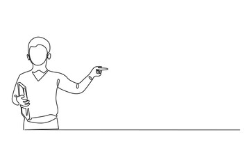 Continuous one line drawing of Boy Holding book. Single line drawing illustration of Little boy with book. International Children's Book Day concept vector art. Doodle line illustration.