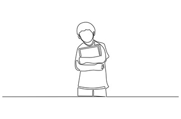 Continuous one line drawing of Boy Holding book. Single line drawing illustration of Little boy with book. International Children's Book Day concept vector art. Doodle line illustration.