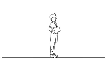 Continuous one line drawing of Boy Holding book. Single line drawing illustration of Little boy with book. International Children's Book Day concept vector art. Doodle line illustration.