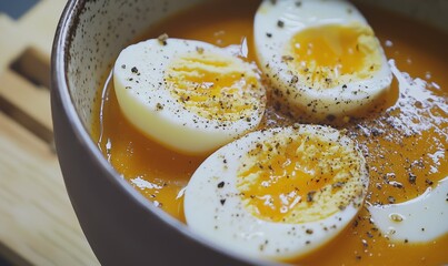 Egg Soup in a Ceramic Bowl A Nutritious Meal with a Wooden Background