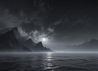 Naklejka premium Ethereal mist rises from inky black ocean, soft focus , abstract, black sea, surface tension