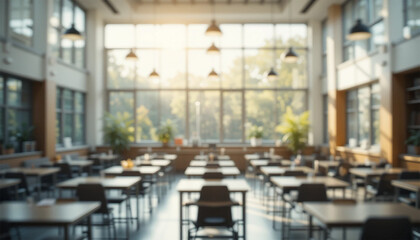 Beautiful blurred background of bright classroom and study room with panoramic windows and beautiful lighting. Blurred Empty school background.